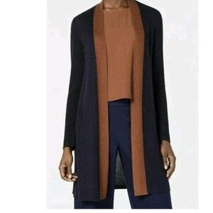 Eileen Fisher navy blue and brown silk tencel long open cardigan Size M NWT